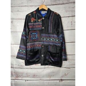 Chico's Womens Jacket Size 1 Medium Black Colorful Embroidery Buttons Silk